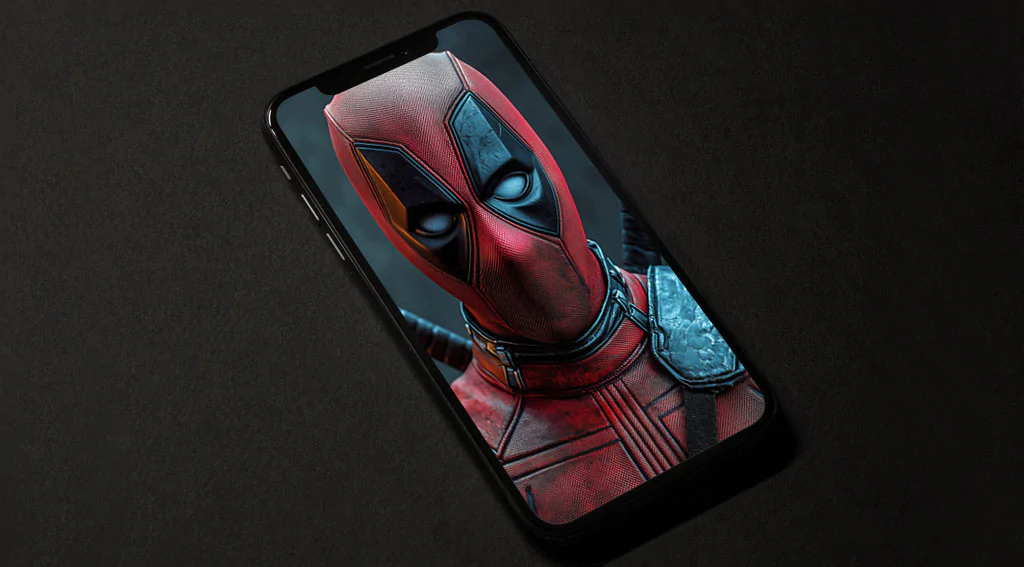 Deadpool 4K wallpaper featuring detailed close-up portrait with textured mask and armor, katanas in Ultra HD for desktop and mobile