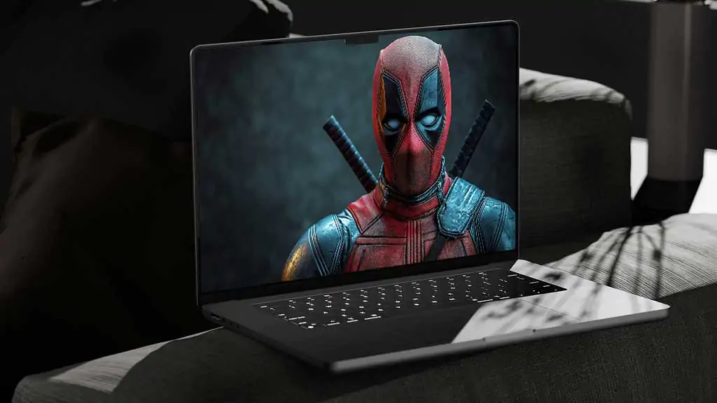 Deadpool 4K wallpaper featuring detailed close-up portrait with textured mask and armor, katanas in Ultra HD for desktop and mobile