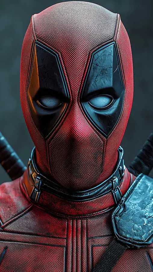 Deadpool 4K wallpaper featuring detailed close-up portrait with textured mask and armor, katanas in Ultra HD for desktop and mobile