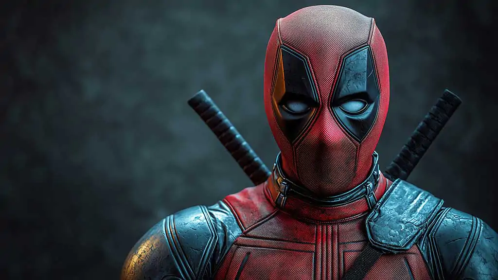 Deadpool 4K wallpaper featuring detailed close-up portrait with textured mask and armor, katanas in Ultra HD for desktop and mobile