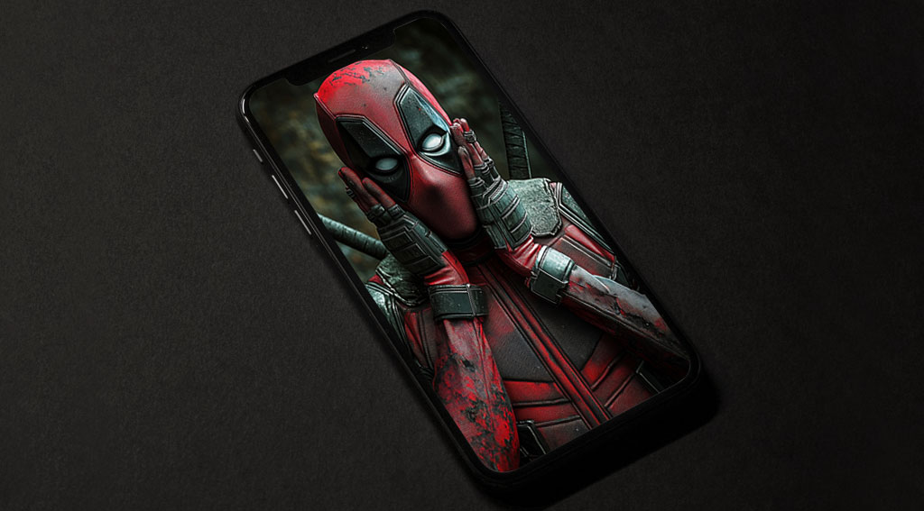 Fond d'écran Deadpool 4K pose drôle et surprise avec les mains sur le visage, arrière-plan en Ultra HD téléchargement gratuit