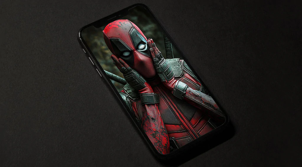 Deadpool 4K wallpaper funny surprised pose with hands on face, background in Ultra HD free download