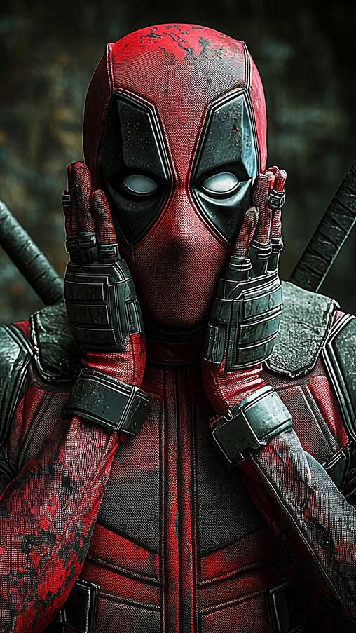 Fond d'écran Deadpool 4K pose drôle et surprise avec les mains sur le visage, arrière-plan en Ultra HD téléchargement gratuit