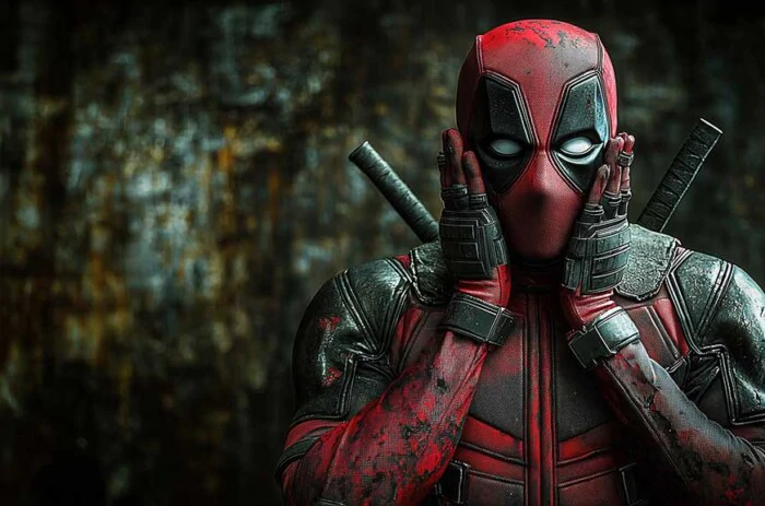 Fond d'écran Deadpool 4K pose drôle et surprise avec les mains sur le visage, arrière-plan en Ultra HD téléchargement gratuit