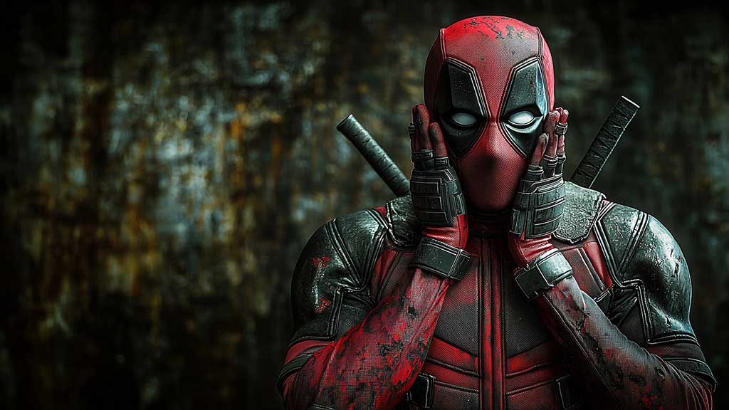Fond d'écran Deadpool 4K pose drôle et surprise avec les mains sur le visage, arrière-plan en Ultra HD téléchargement gratuit