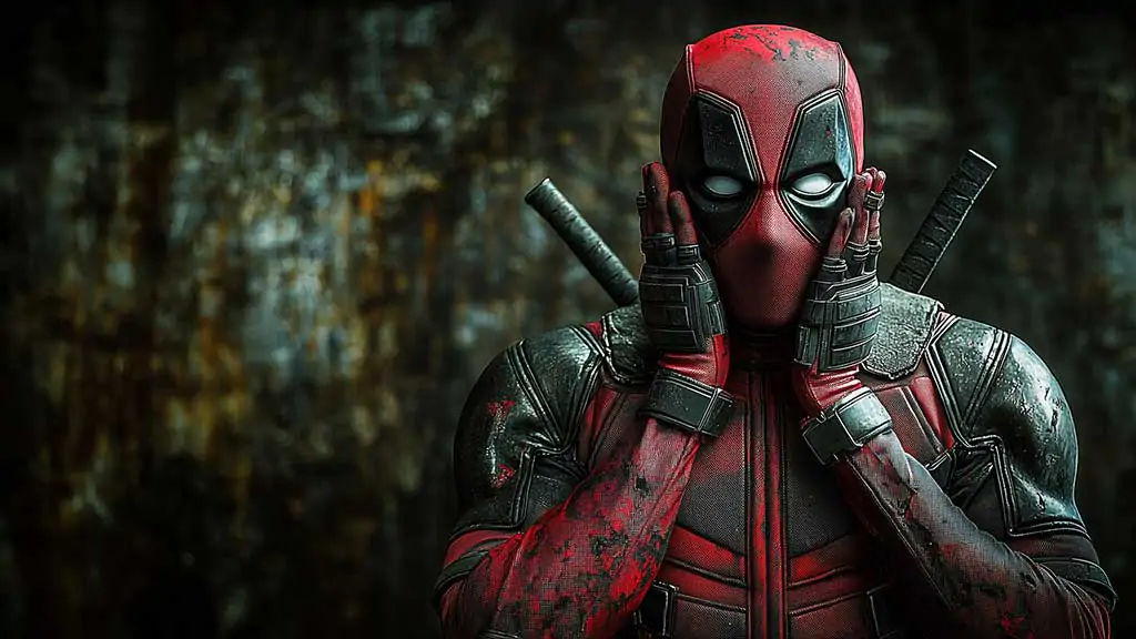 Deadpool 4K wallpaper funny surprised pose with hands on face, background in Ultra HD free download