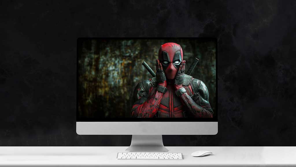 Fond d'écran Deadpool 4K pose drôle et surprise avec les mains sur le visage, arrière-plan en Ultra HD téléchargement gratuit