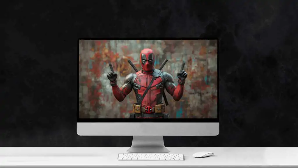 Fond d'écran Deadpool 4K mettant en vedette un super-héros Marvel en costume rouge avec des katanas pointant vers le haut sur un fond artistique Résolution Ultra HD