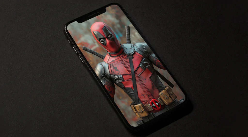 Fond d'écran Deadpool 4K mettant en vedette un super-héros Marvel en costume rouge avec des katanas pointant vers le haut sur un fond artistique Résolution Ultra HD