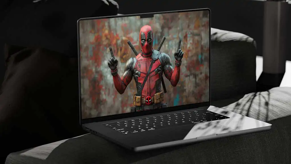 Fond d'écran Deadpool 4K mettant en vedette un super-héros Marvel en costume rouge avec des katanas pointant vers le haut sur un fond artistique Résolution Ultra HD