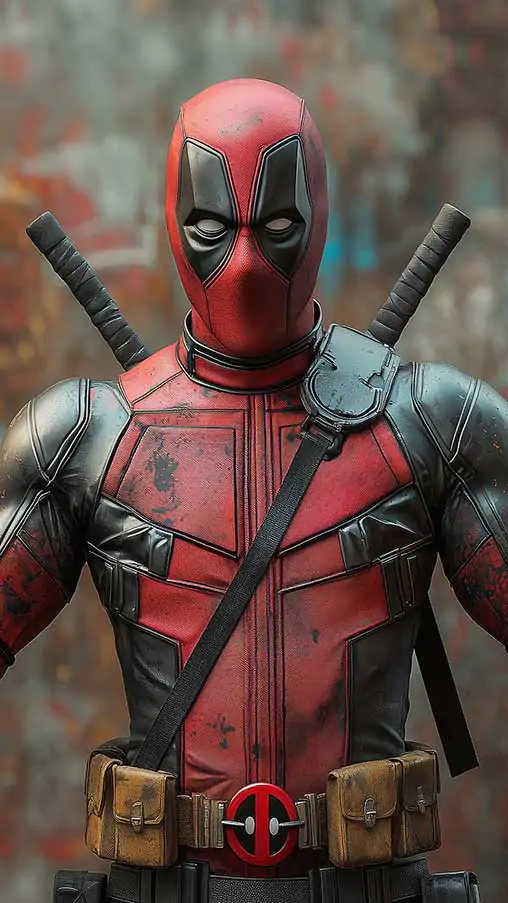 Fond d'écran Deadpool 4K mettant en vedette un super-héros Marvel en costume rouge avec des katanas pointant vers le haut sur un fond artistique Résolution Ultra HD