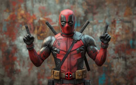 Deadpool wallpaper 4K featuring Marvel superhero in red costume with katanas pointing upward against artistic background Ultra HD resolution