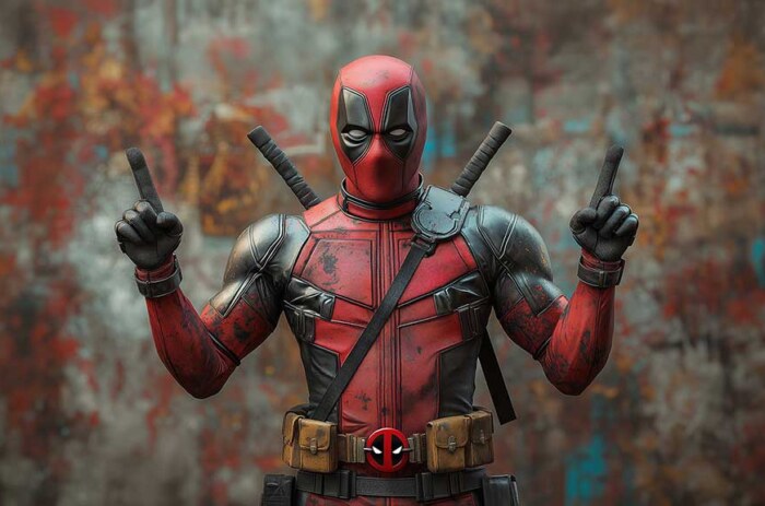 Fond d'écran Deadpool 4K mettant en vedette un super-héros Marvel en costume rouge avec des katanas pointant vers le haut sur un fond artistique Résolution Ultra HD