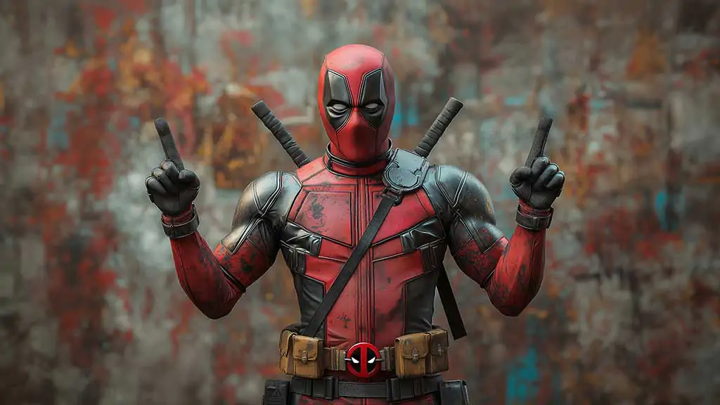 Fond d'écran Deadpool 4K mettant en vedette un super-héros Marvel en costume rouge avec des katanas pointant vers le haut sur un fond artistique Résolution Ultra HD