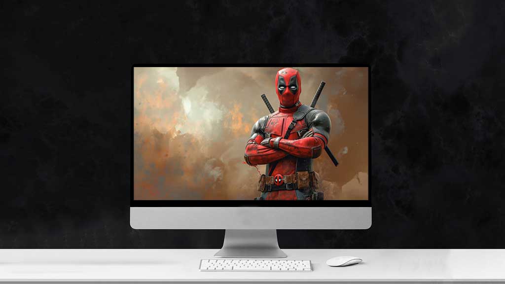 Fond d'écran Deadpool 4K Super-héros Marvel en costume de combat avec les bras croisés sur un fond dramatique Résolution Ultra HD pour mobile et PC