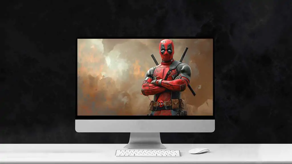 Fond d'écran Deadpool 4K Super-héros Marvel en costume de combat avec les bras croisés sur un fond dramatique Résolution Ultra HD pour mobile et PC