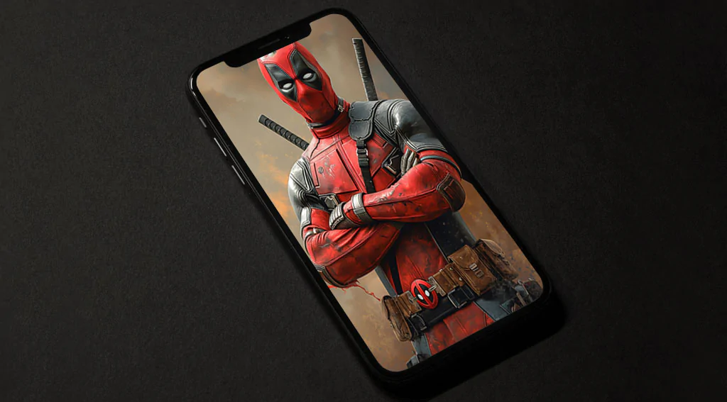 Fond d'écran Deadpool 4K Super-héros Marvel en costume de combat avec les bras croisés sur un fond dramatique Résolution Ultra HD pour mobile et PC