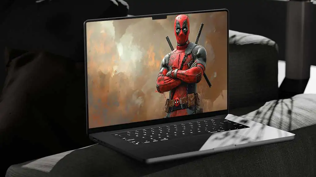 Fond d'écran Deadpool 4K Super-héros Marvel en costume de combat avec les bras croisés sur un fond dramatique Résolution Ultra HD pour mobile et PC