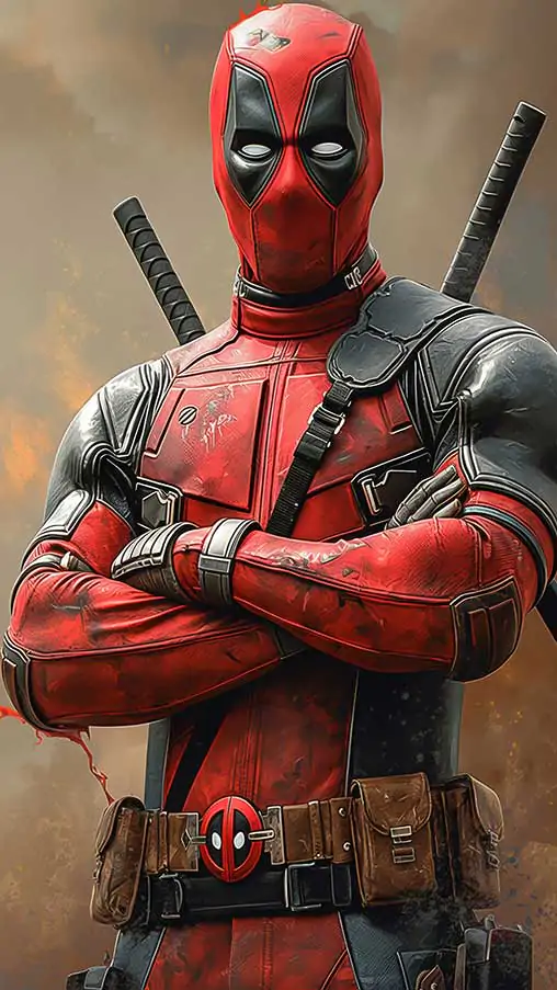 Fond d'écran Deadpool 4K Super-héros Marvel en costume de combat avec les bras croisés sur un fond dramatique Résolution Ultra HD pour mobile et PC