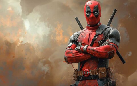 Fond d'écran Deadpool 4K Super-héros Marvel en costume de combat avec les bras croisés sur un fond dramatique Résolution Ultra HD pour mobile et PC