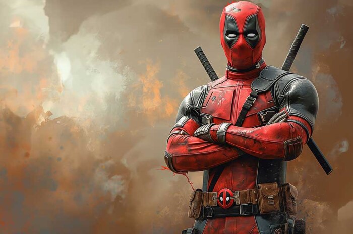 Fond d'écran Deadpool 4K Super-héros Marvel en costume de combat avec les bras croisés sur un fond dramatique Résolution Ultra HD pour mobile et PC