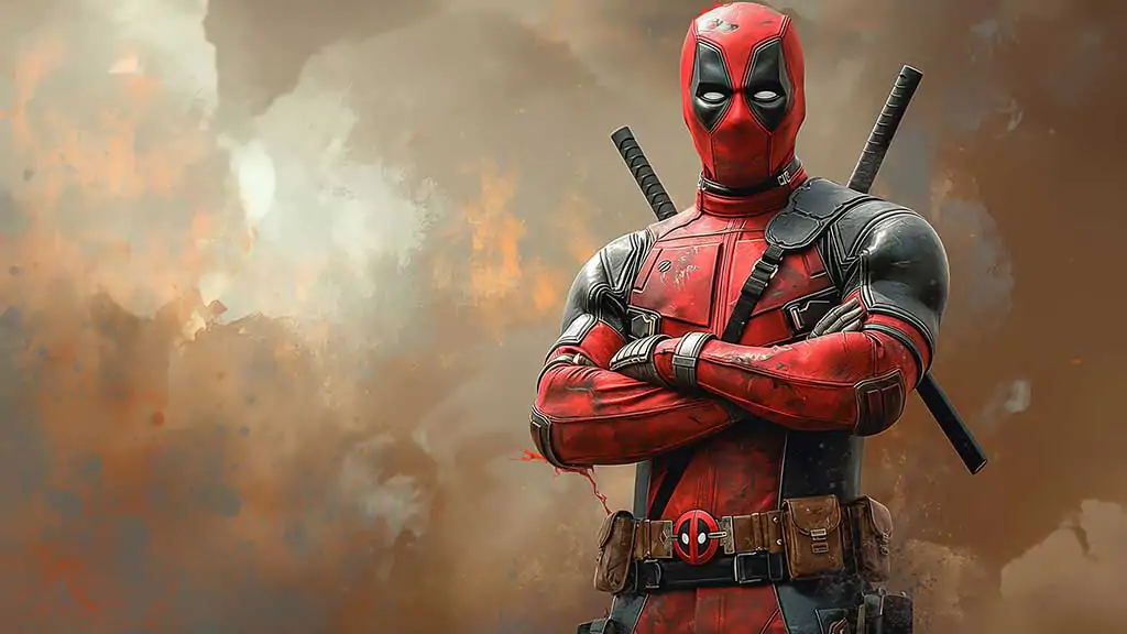 Fond d'écran Deadpool 4K Super-héros Marvel en costume de combat avec les bras croisés sur un fond dramatique Résolution Ultra HD pour mobile et PC