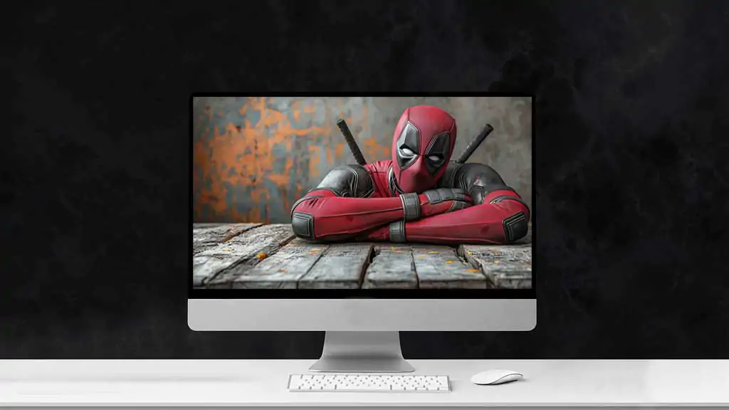 Deadpool 4K wallpaper showing Marvel superhero relaxing on wooden floor in red costume with katanas Ultra HD resolution