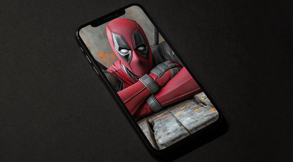 Fond d'écran Deadpool 4K montrant le super-héros Marvel se relaxant sur un plancher en bois en costume rouge avec des katanas Résolution Ultra HD