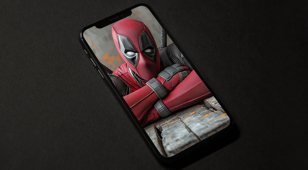 Deadpool 4K wallpaper showing Marvel superhero relaxing on wooden floor in red costume with katanas Ultra HD resolution