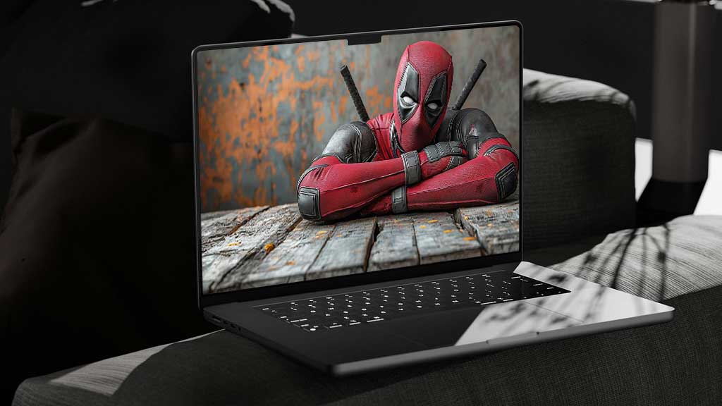 Fond d'écran Deadpool 4K montrant le super-héros Marvel se relaxant sur un plancher en bois en costume rouge avec des katanas Résolution Ultra HD