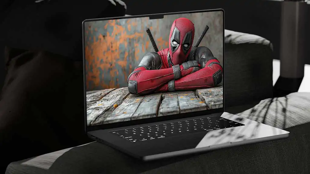 Deadpool 4K wallpaper showing Marvel superhero relaxing on wooden floor in red costume with katanas Ultra HD resolution