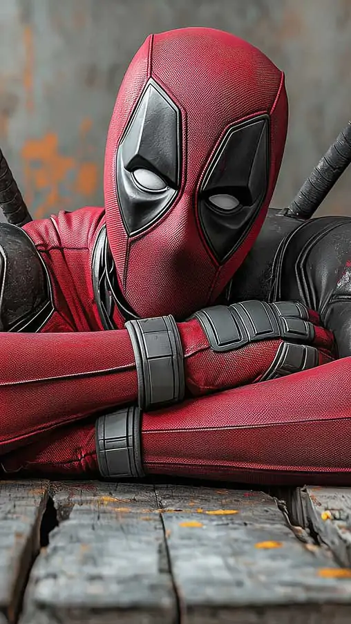 Deadpool 4K wallpaper showing Marvel superhero relaxing on wooden floor in red costume with katanas Ultra HD resolution