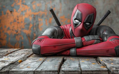 Deadpool 4K wallpaper showing Marvel superhero relaxing on wooden floor in red costume with katanas Ultra HD resolution
