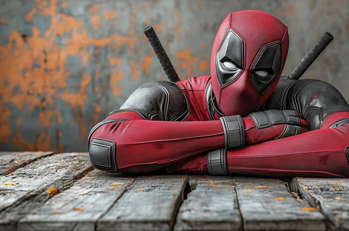 Deadpool 4K wallpaper showing Marvel superhero relaxing on wooden floor in red costume with katanas Ultra HD resolution