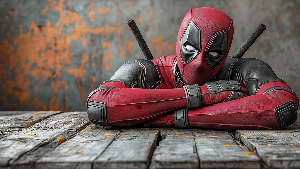 Fond d'écran Deadpool 4K montrant le super-héros Marvel se relaxant sur un plancher en bois en costume rouge avec des katanas Résolution Ultra HD