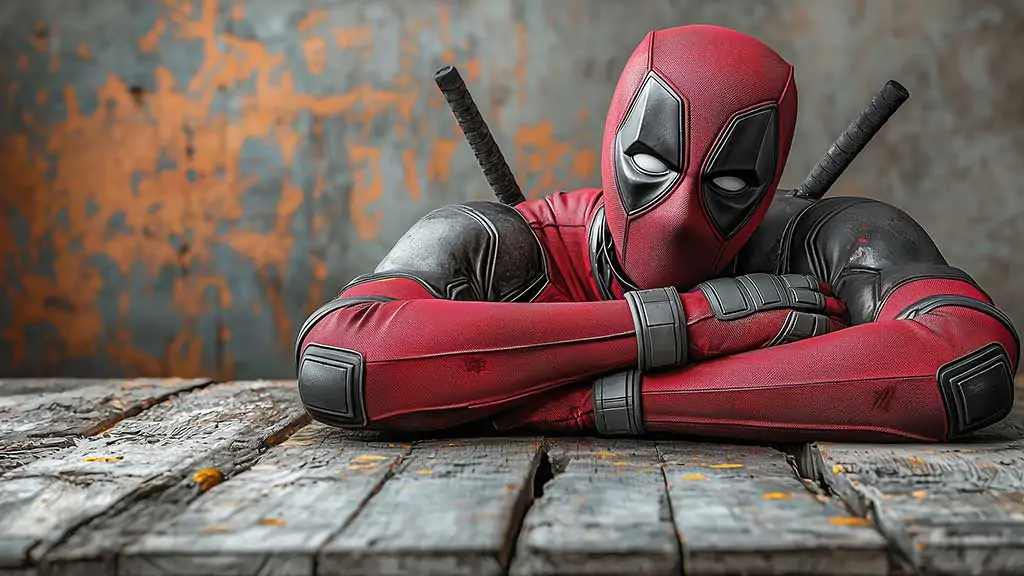 Deadpool 4K wallpaper showing Marvel superhero relaxing on wooden floor in red costume with katanas Ultra HD resolution