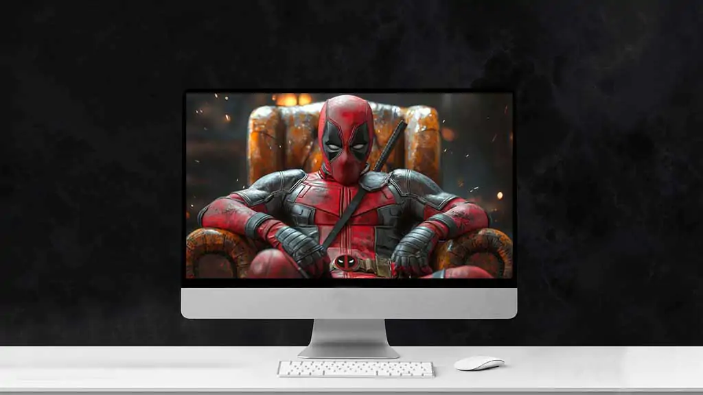 Deadpool 4K wallpaper seated in leather armchair with dramatic lighting and sparks Ultra HD resolution for desktop and mobile