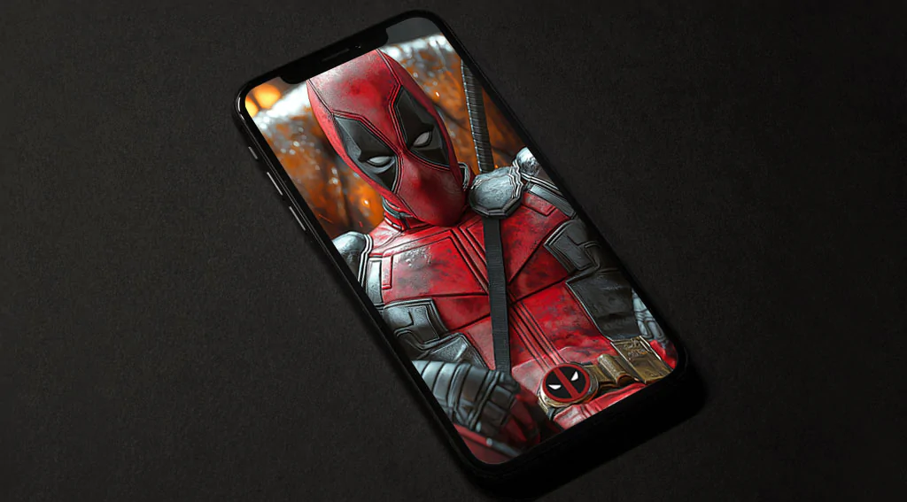 Deadpool 4K wallpaper seated in leather armchair with dramatic lighting and sparks Ultra HD resolution for desktop and mobile