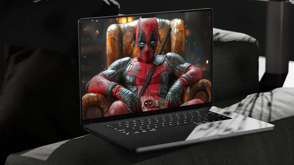 Deadpool 4K wallpaper seated in leather armchair with dramatic lighting and sparks Ultra HD resolution for desktop and mobile