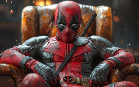 Fond d'écran Deadpool 4K assis dans un fauteuil en cuir avec un éclairage dramatique et des étincelles Résolution Ultra HD pour ordinateur de bureau et mobile