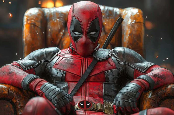 Deadpool 4K wallpaper seated in leather armchair with dramatic lighting and sparks Ultra HD resolution for desktop and mobile