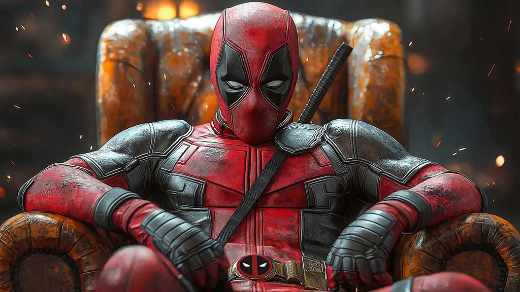 Deadpool 4K wallpaper seated in leather armchair with dramatic lighting and sparks Ultra HD resolution for desktop and mobile