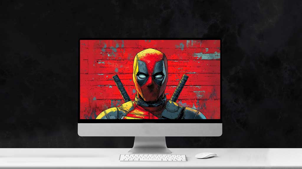 Fond d'écran Deadpool 4K avec portrait artistique de style bande dessinée avec des katanas sur fond texturé rouge Résolution Ultra HD pour ordinateur de bureau et mobile