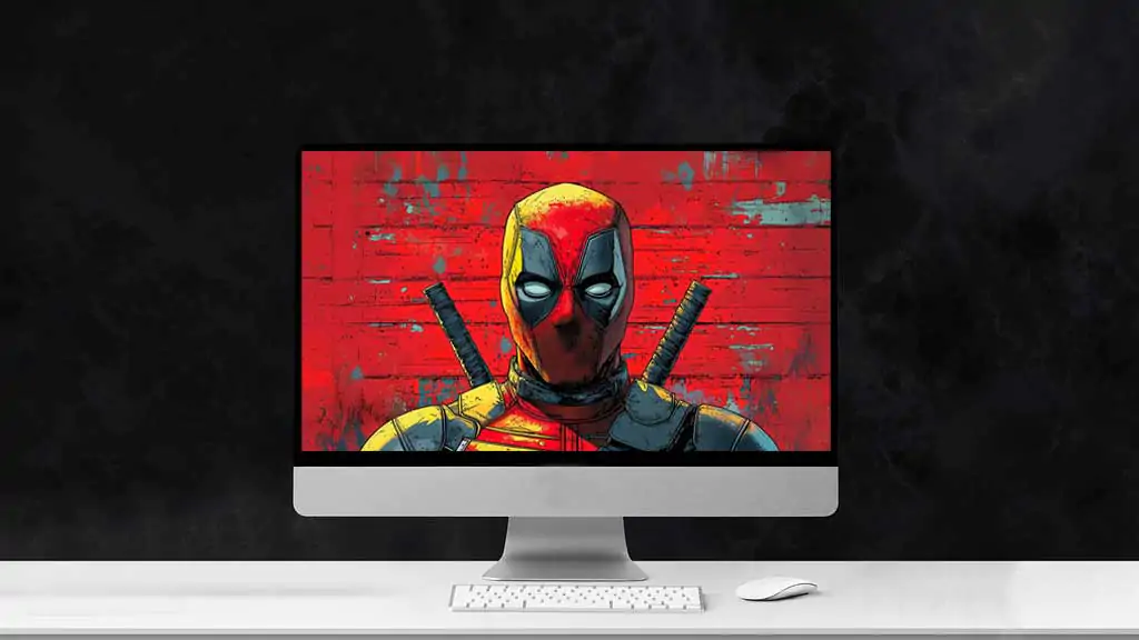 Deadpool 4K wallpaper featuring artistic comic book style portrait with katanas against red textured background Ultra HD resolution for desktop and mobile