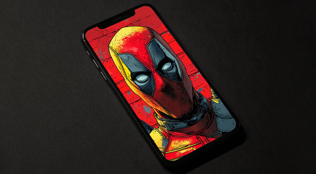 Deadpool 4K wallpaper featuring artistic comic book style portrait with katanas against red textured background Ultra HD resolution for desktop and mobile