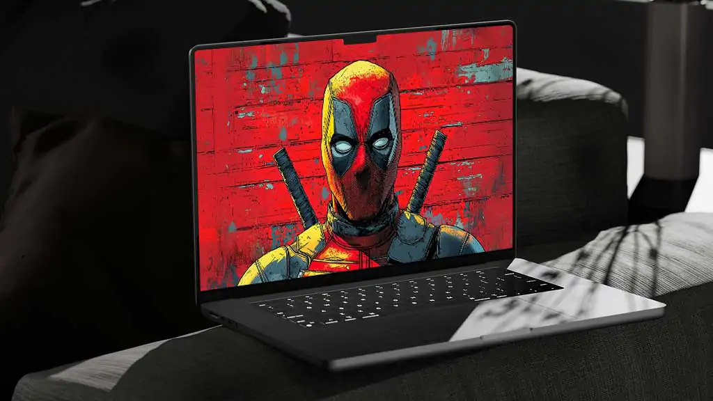 Deadpool 4K wallpaper featuring artistic comic book style portrait with katanas against red textured background Ultra HD resolution for desktop and mobile