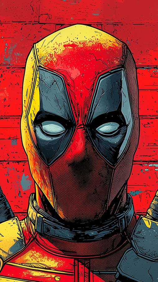Fond d'écran Deadpool 4K avec portrait artistique de style bande dessinée avec des katanas sur fond texturé rouge Résolution Ultra HD pour ordinateur de bureau et mobile