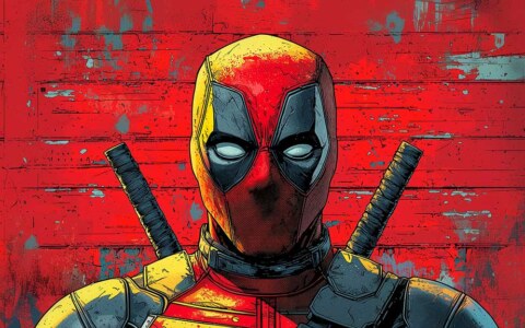 Fond d'écran Deadpool 4K avec portrait artistique de style bande dessinée avec des katanas sur fond texturé rouge Résolution Ultra HD pour ordinateur de bureau et mobile