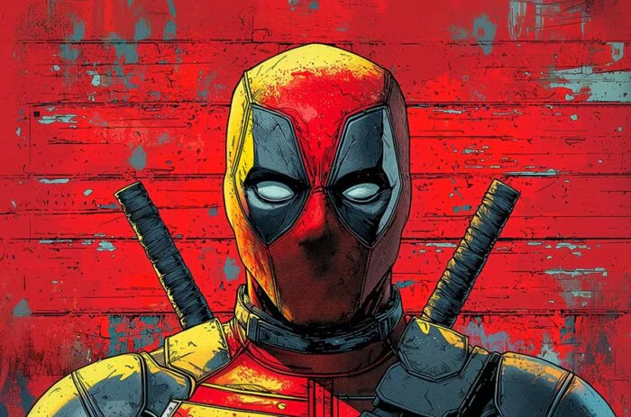 Deadpool 4K wallpaper featuring artistic comic book style portrait with katanas against red textured background Ultra HD resolution for desktop and mobile