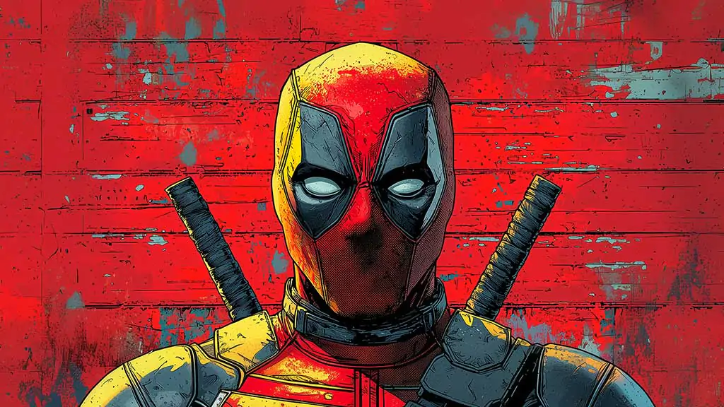 Deadpool 4K wallpaper featuring artistic comic book style portrait with katanas against red textured background Ultra HD resolution for desktop and mobile